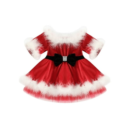 

TheFound Toddler Baby Girls Christmas Dress Fleece Long Sleeve Tulle Tutu Fluffy Skirt Outfit Princess Party Dresses