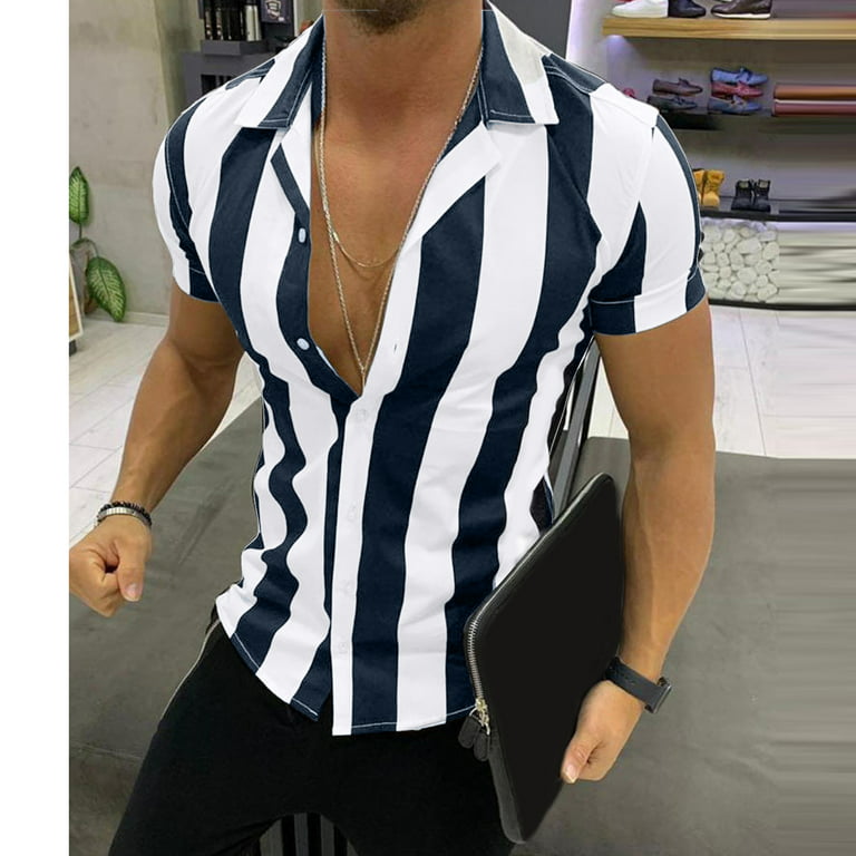 Ersazi Huk Fishing Shirts for Men Men's Shirt Short-Sleeved Mercerized Cotton Striped Color-Blocking Slim Fit Cotton Tshirts for Men Button-Down
