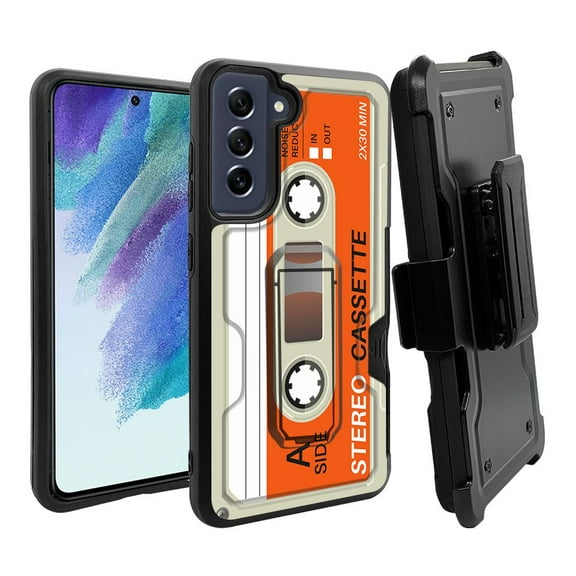 ANJ  Rugged Dual Layer Hybrid Holster Kickstand Case w/ Card Slot   Tempered Glass Cover for Samsung Galaxy S21 FE 5G - Retro Cassette 2