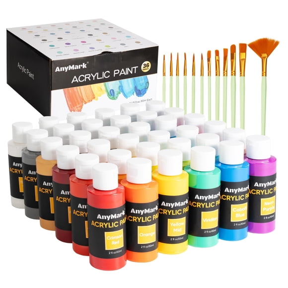 Set de pintura acrílica AnyMark 36 colores, 12 pinceles, 60 ml