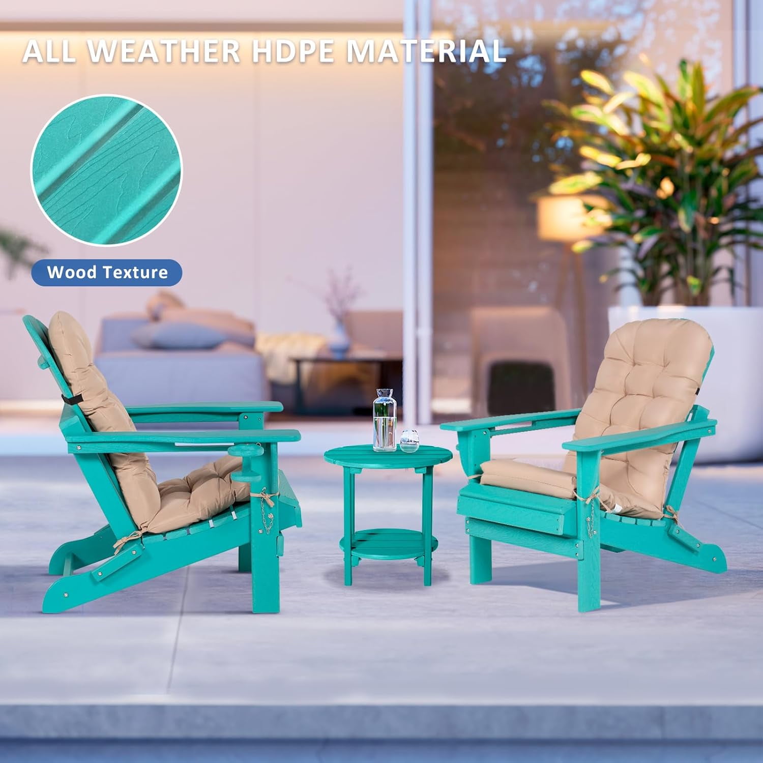 Nalone Folding Adirondack Chairs with Cushion with Cup Holder, HDPE Plastic Oversized Patio Chair Weather Resistant(Aruba)