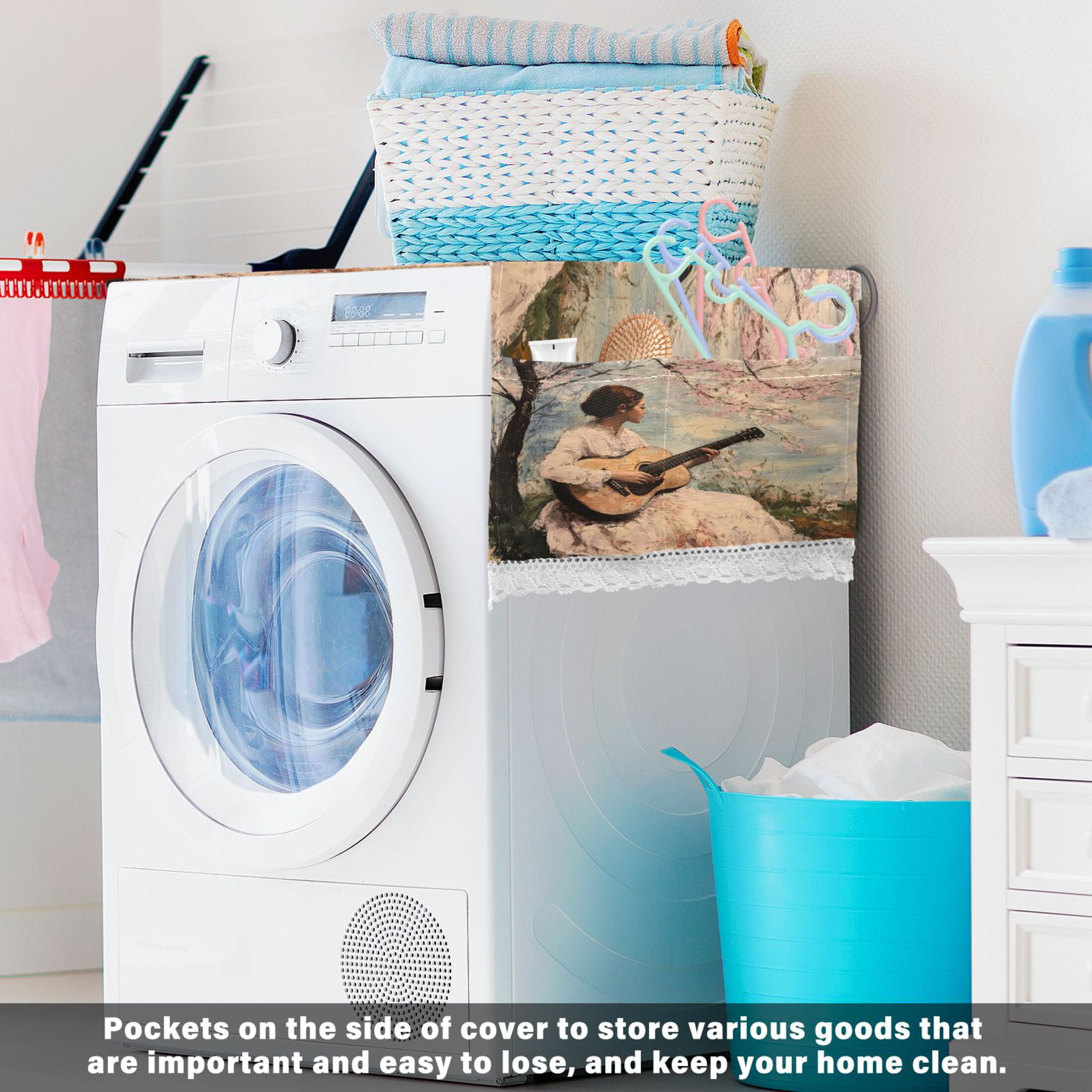 Season Of Cherry BlossomsWasher and Dryer Covers Dust-Proof and Oil Resistant Fridge Cover with 4 Storage Pockets Washing Machine Top Cover for Laundry Kitchen Home 51.2 x 22 In