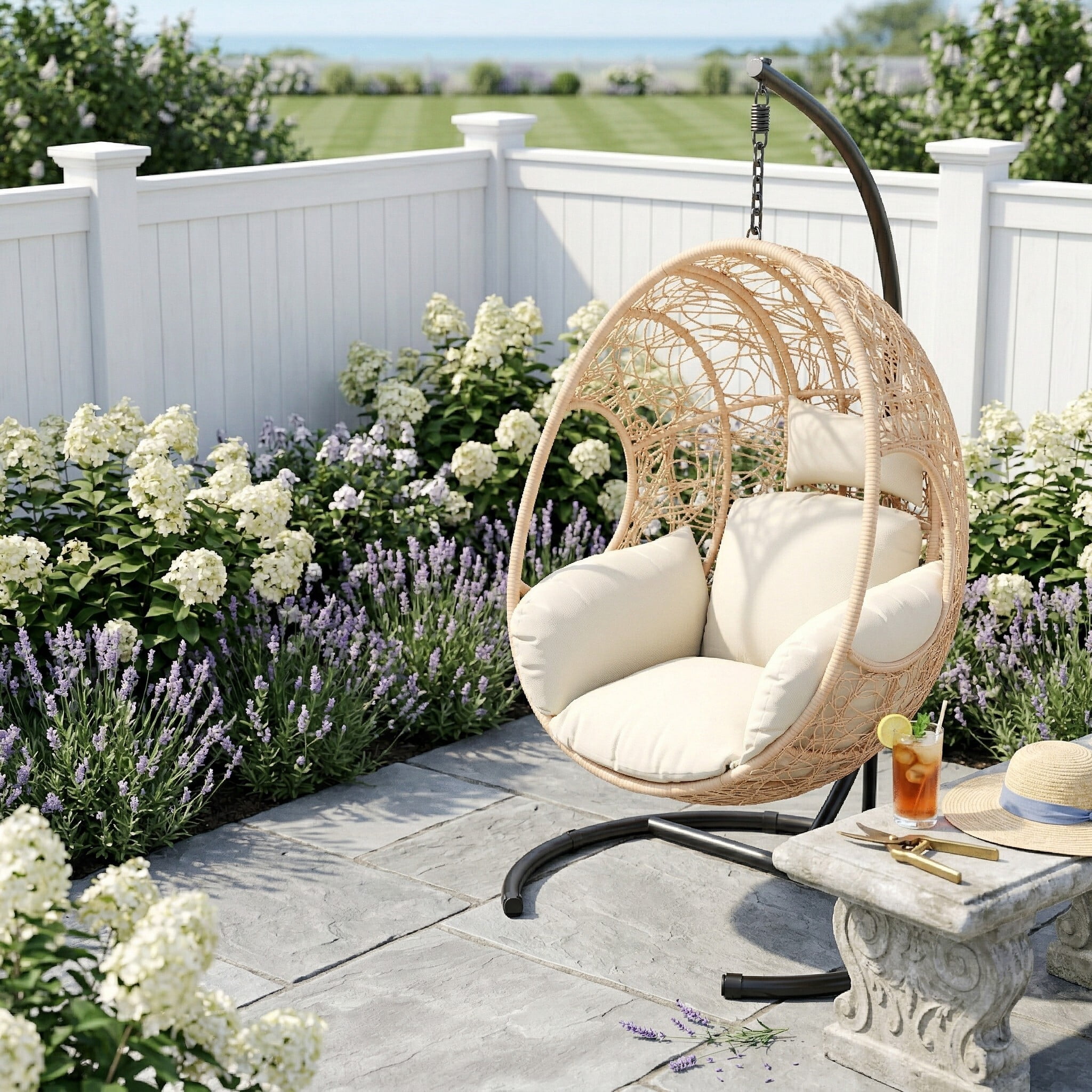 avobird 42" Wide U-Base Hanging Egg Chair, Patio Swing with 8-Inch Cushion Weatherproof PE Rattan & Waterproof Cover, Suitable for use in outdoor gardens and on balconies, Natural-2