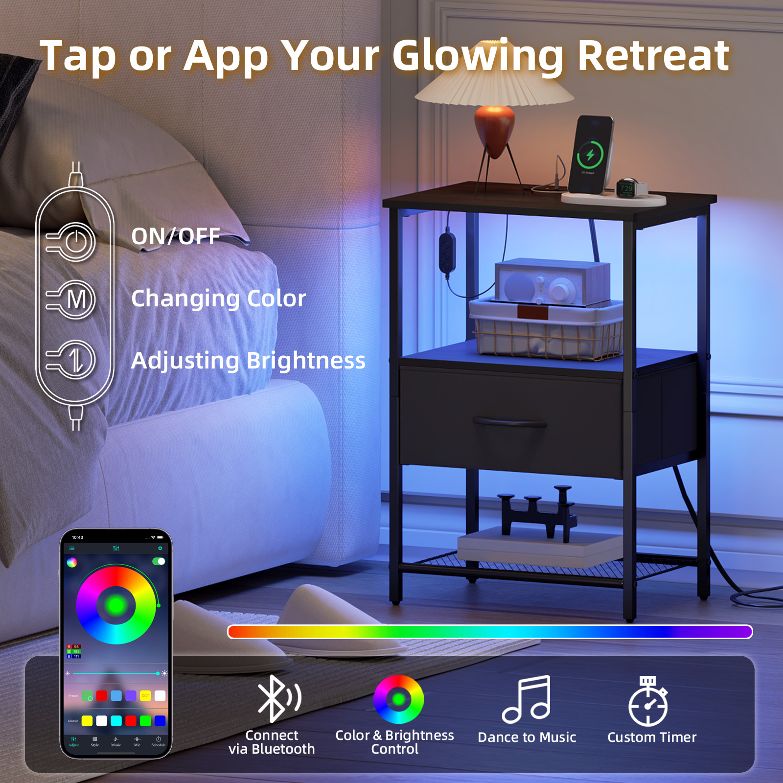 Eunos Black Nightstand with Charging Station and LED, Black photo 5
