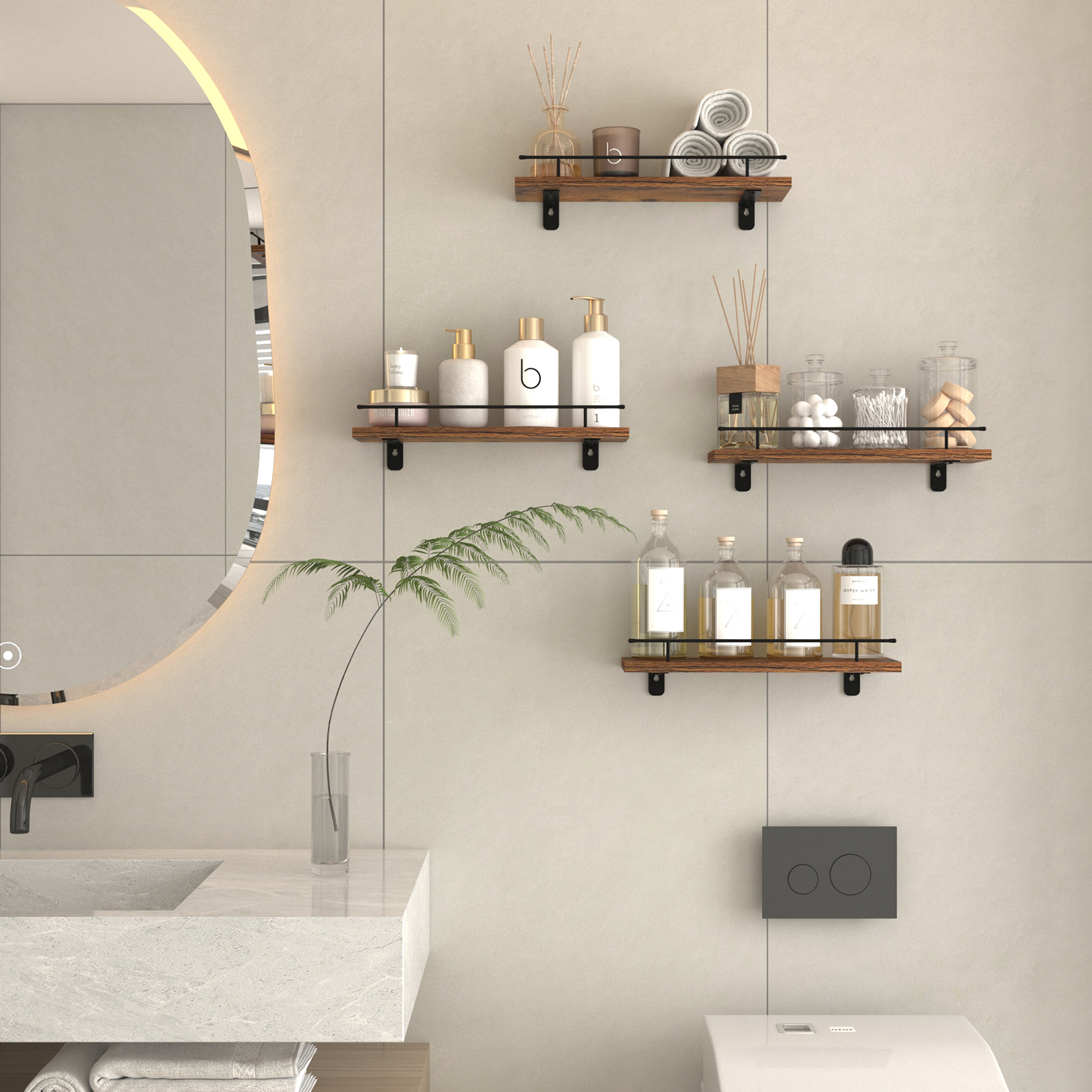Black Floating Wall Shelves Set of 4, Rustic Floating Storage Shelf for Bathroom,Kitchen Room, Living Room