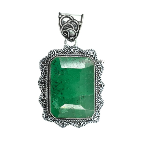 Pure 925 Sterling Silver Pendant For Men Women, Genuine Emerald Faceted Green Gemstone Unique Handcrafted May Birthstone Pendant