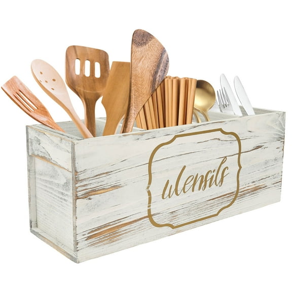 Kitchen Utensil Holder Wooden Utensil Organizer with 4 Compartments Reusable Cooking Tool Holder for Kitchen Countertop Decor