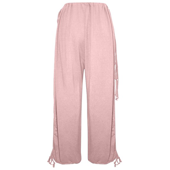 CUZIBR Girls Pants Solid Color Casual Lightweight Outdoor Joggers Wide Leg Loose Pants Elastic Waist Side Drawstring Slit Hem Adjustable Soft Casual Beach Trousers,Pink,140cm