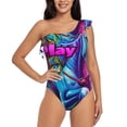 thumbnail image 2 of Picia Neon Free Play Pattern Women's One Piece Swimsuits,One Shoulder Swimwear Asymmetric ,Ruffle Monokinis Bathing Suits,High Waisted Flattering Bathing Suits-XX-Large, 2 of 8