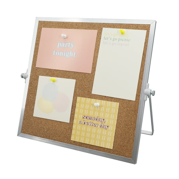 SHOOFFICE Double Sided Cork Board with Stand, 11.8" x 11.8", Silver Aluminum Frame