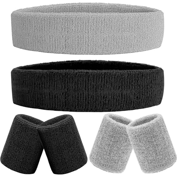 6 Pieces Sweatband Set Sports Headband Wristband Set, Moisture Wicking Athletic Sweatbands 4 Wrist Sweatband and 2 Headbands, Terry Cloth Sweat Absorbing Head Band for Workout