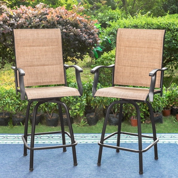 Summit Living Metal Outdoor Swivel Bar Stools Set of 2, Patio Padded Height Chairs with Sling Fabric, Black&Gray