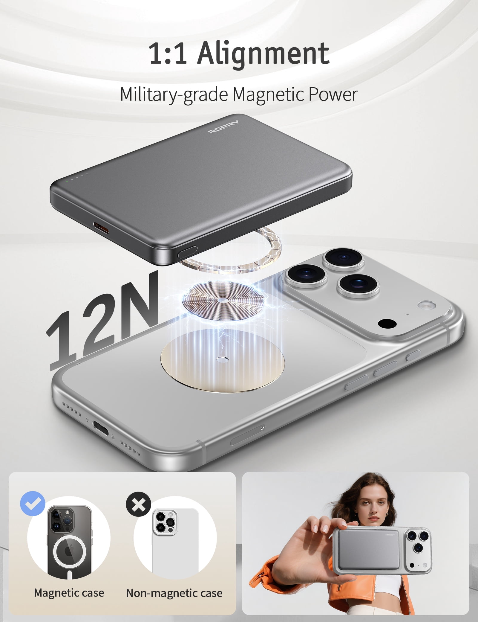 RORRY Portable Charger,10000mAh Ultra Slim Wireless Magnetic Power Bank, 22.5W Fast Charging Battery Pack Compatible for iPhone 17 Pro Max/17 Pro/Air/16/15/14/13, Gray