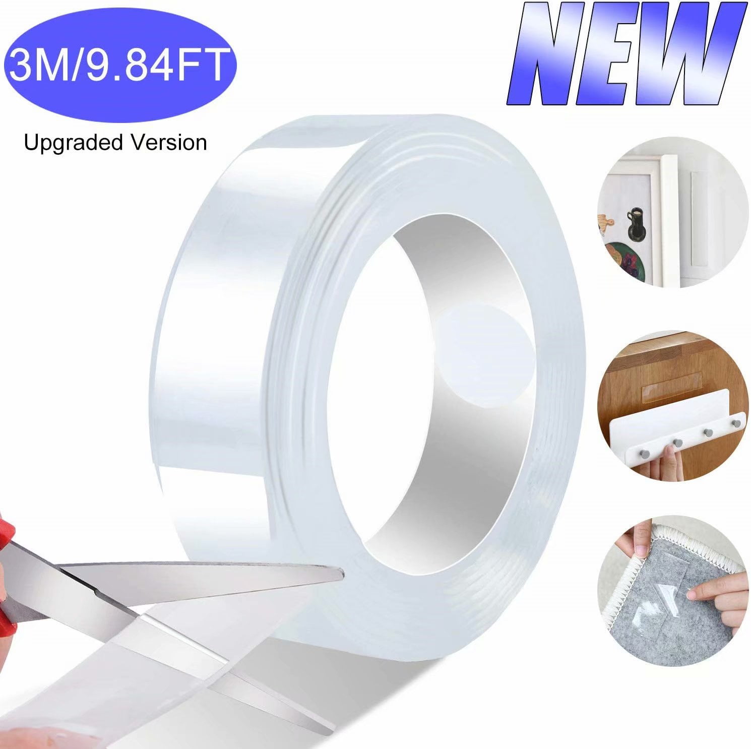 9.84 FT Double Sided Adhesive Nano Tape,Transparent Strong Washable Adhesive Traceless Gel Tape,Removable and Reusable Sticky Anti Slip Tape for Home,Wall,Room,Office Decor