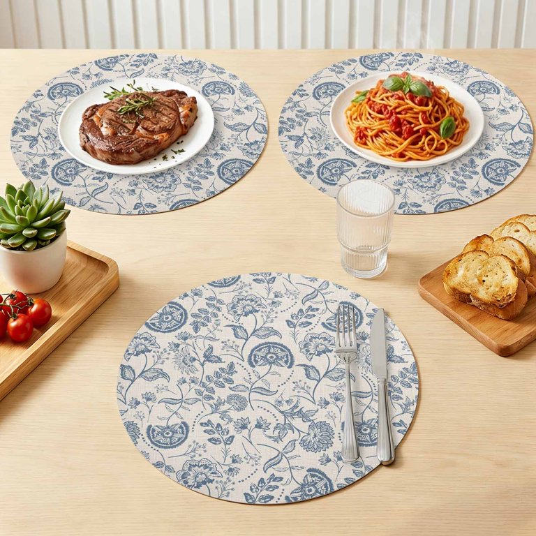 Placemats Set of 4,Pastoral Abstract Blue Flower on Flax PU Place Mats ...