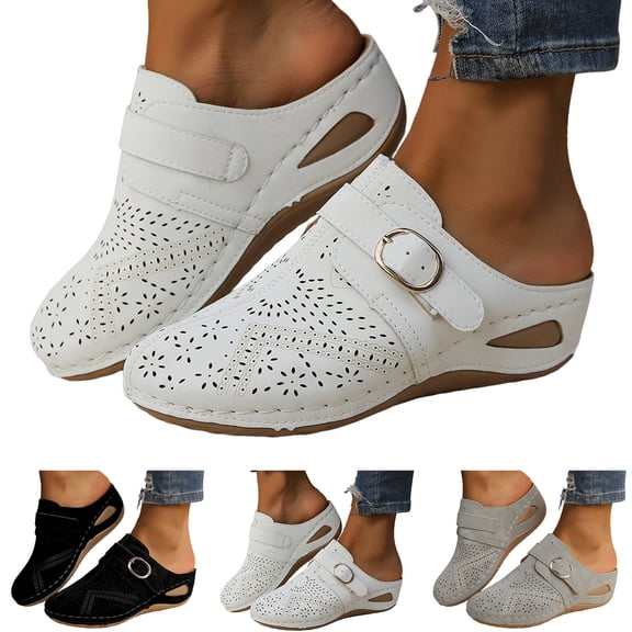 Pandaie Closed Toe Clogs for Women Arch Support Wedge Platform Slip on Mules Hollow out Orthopedic Slides Sandals Backless Casual Walking Shoes Black Size 6.5