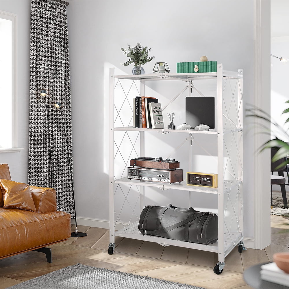 COOKCOK 4-Tier Storage Shelving Unit, Metal Shelf, Foldable Storage Shelf with Wheels, 27.9"x13.4"x49.72" Garage Shelf, Kitchen Shelf with 4 Hooks, No Assemble Require, White