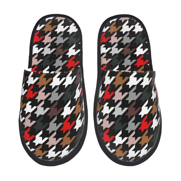 Fotbe Houndstooth Green Red Pantuflas Peludas para Mujer con Estampado, Zapatillas de Peluche, Zapatos de Invierno para Casa, Uso Interior y Exterior-Medium