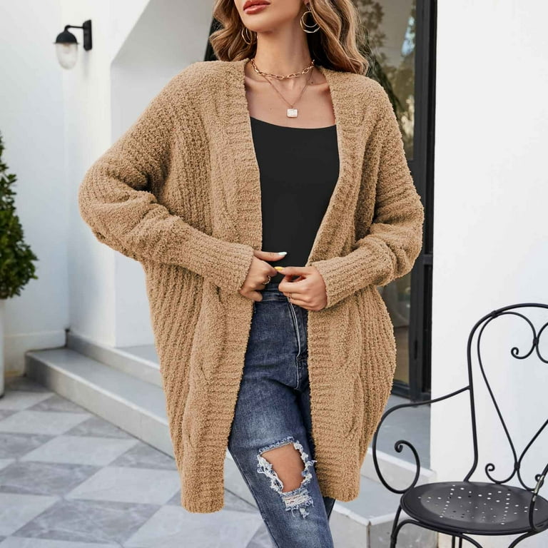 SMihono Clearance Fashion Womens Loose Long Sleeve Solid Color Long  Cardigan Sweater Solid Color Pocket V Neck Autumn Casual Coat Blouse Female  Leisure Yellow M 