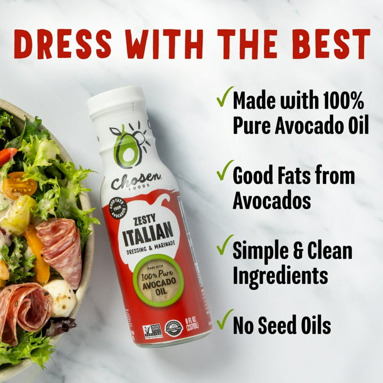 Chosen Foods Zesty Italian Dressing and Marinade made with 100% Pure Avocado Oil 8 fl Oz Chosen Foods Zesty Italian Dressing and Marinade made with 100% Pure Avocado Oil 8 fl Oz