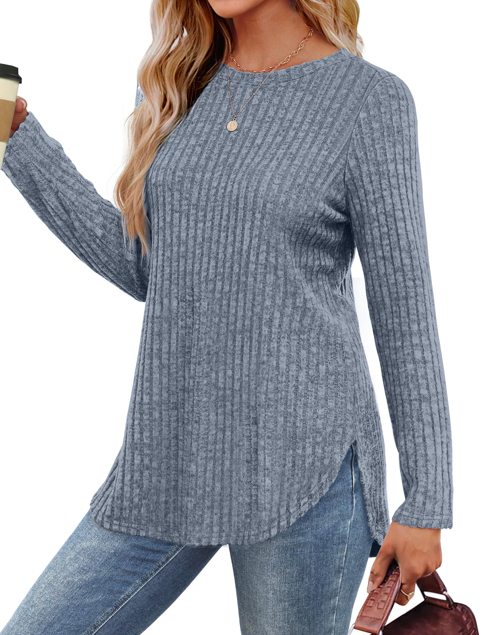 Fantaslook Long Sleeve Shirts for Women Casual Tunic Tops Dressy Crew Neck Pullover Fall Lightweight Sweaters for Women