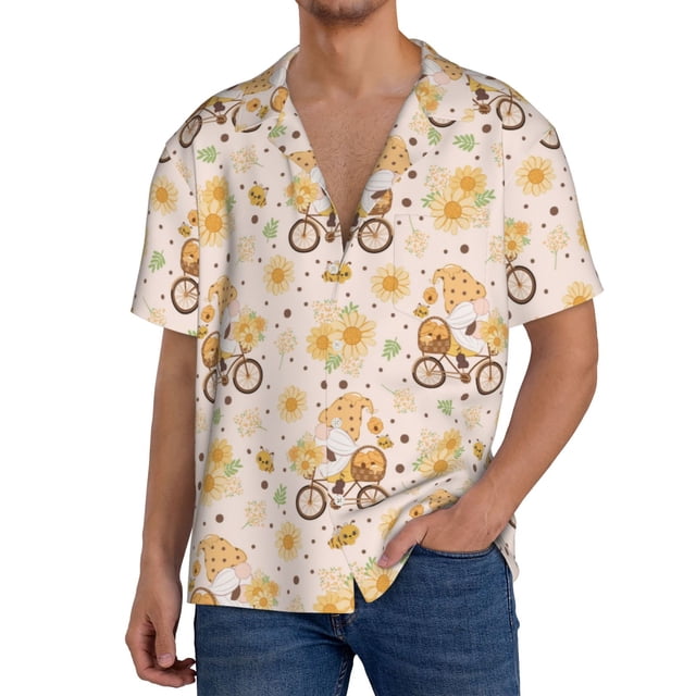 Balery Cute Bee Gnome Camisa Casual de Manga Corta con Botones para Hombre, Texturizada, Estilo Cubano, para Playa, Verano-3X-Large