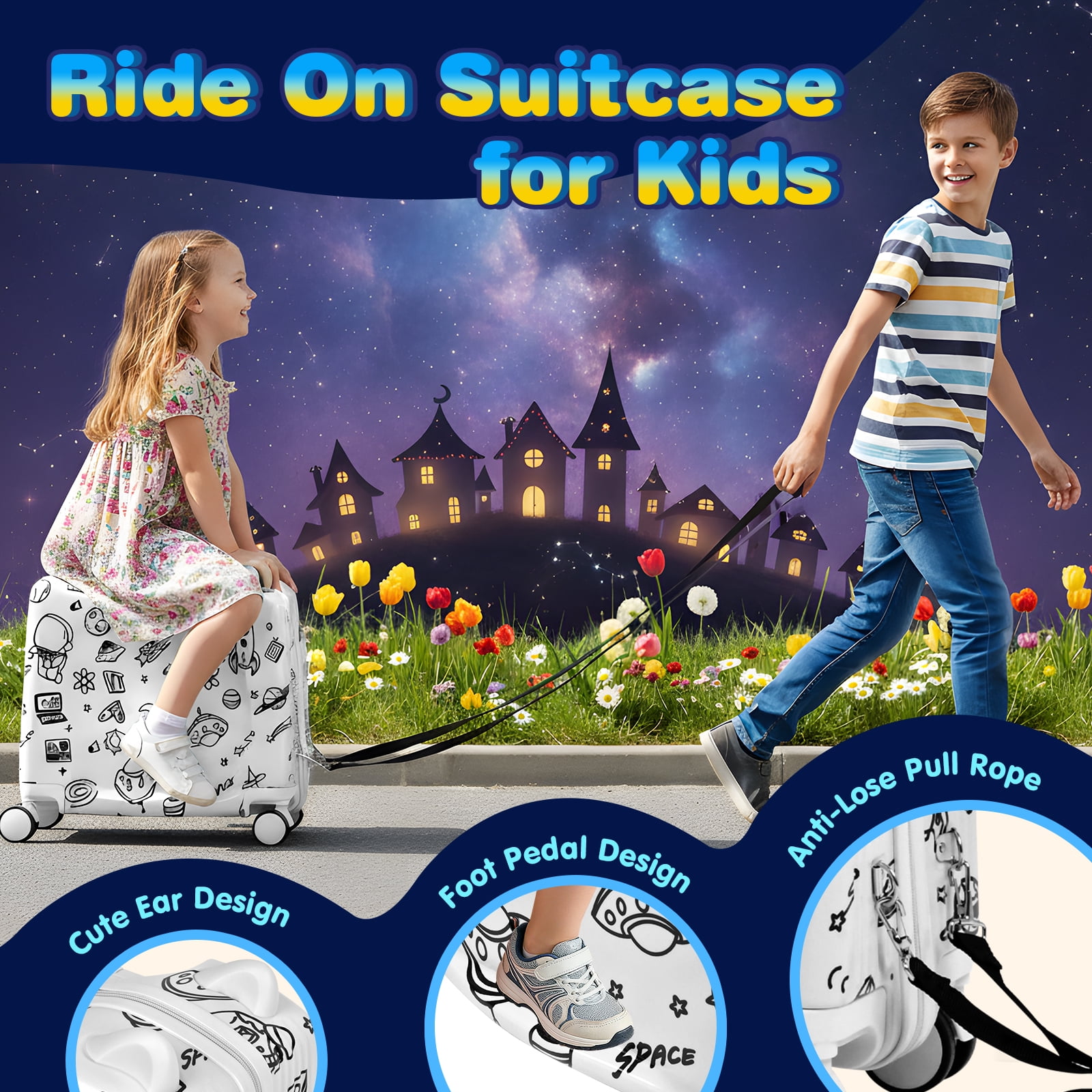Advwin 20" Ride On Suitcase for Kids, Fun DIY Coloring Carry-On Luggage with 24 Waterproof Markers, Pull Strap & Spinner Wheels, Hardshell Rideable Travel Luggage for Children, White