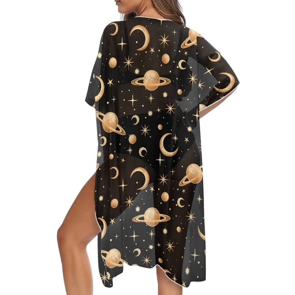 FKELYI Womens Swimwear Cover Up Vintage Moon Star Planet Print Comfy Summer Beachwear Bikini Coverup Half Sleeve Open Front Kimono Cardigan Cover Ups Casual Resort Wear