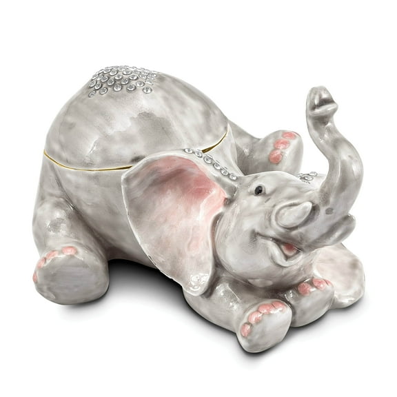 Bejeweled Pewter Multi Color Enamel Falling Baby Elephant Trinket Box