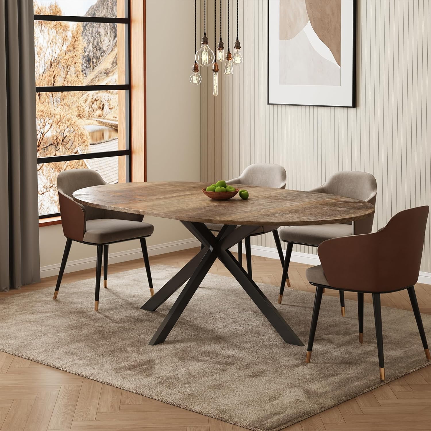 59-inch Extendable Round Dining Table for 4-6 People,  Large Oval Wood Top Kitchen Dinner Tables for Dining Room, Black Brown