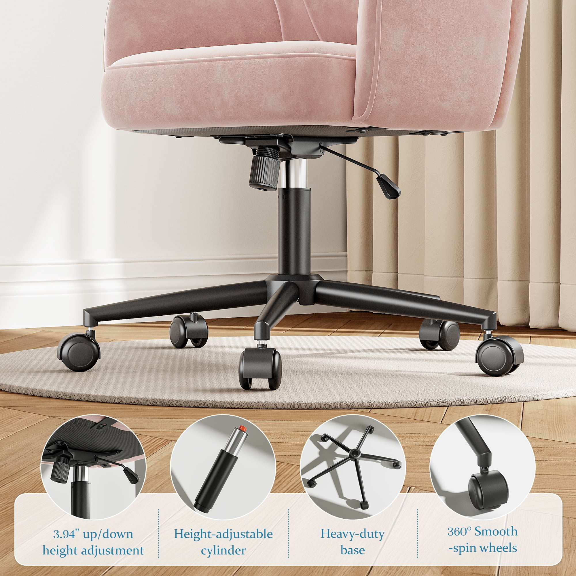 Romorgniz Vanity Chair with Wheels & Back Desk Chair Adjustable Height for Makeup, Work & Relaxation, Pink