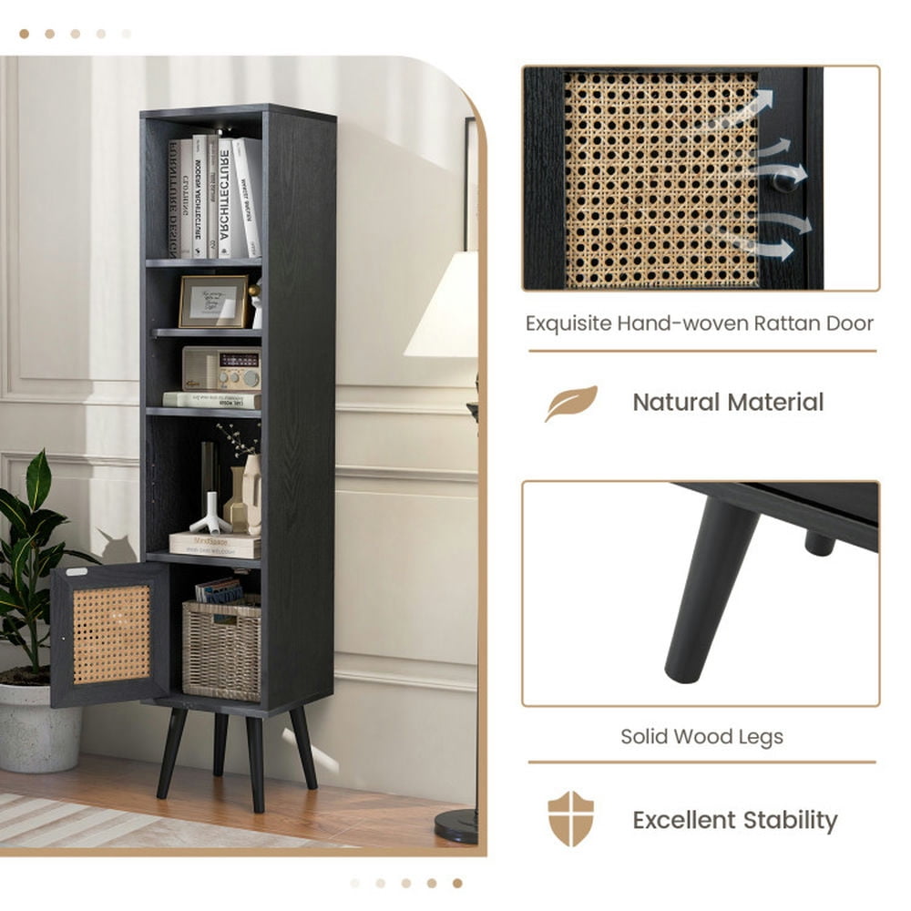 Finihen Storage Cabinet, 4 Tiers Rattan Storage Cabinet with Slim Design, for Living Room, Bedroom, Entryway, Black