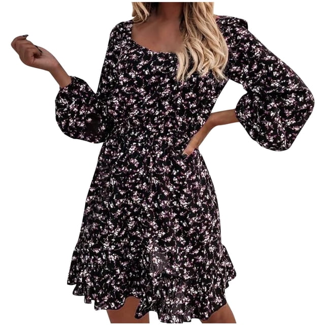 Vestido de Verano para Mujeres Empalme Frill Flores Fragmentadas, Vestido Ligero de Poliéster/Spandex para Fiesta Y Diario