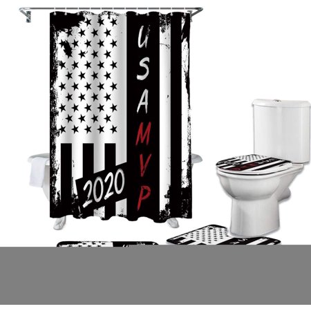 ZHANZZK American Flag Patriotic Stars 4 Piece Bathroom Set Shower Curtain Bath Rug Contour Mat and Toilet Lid Cover