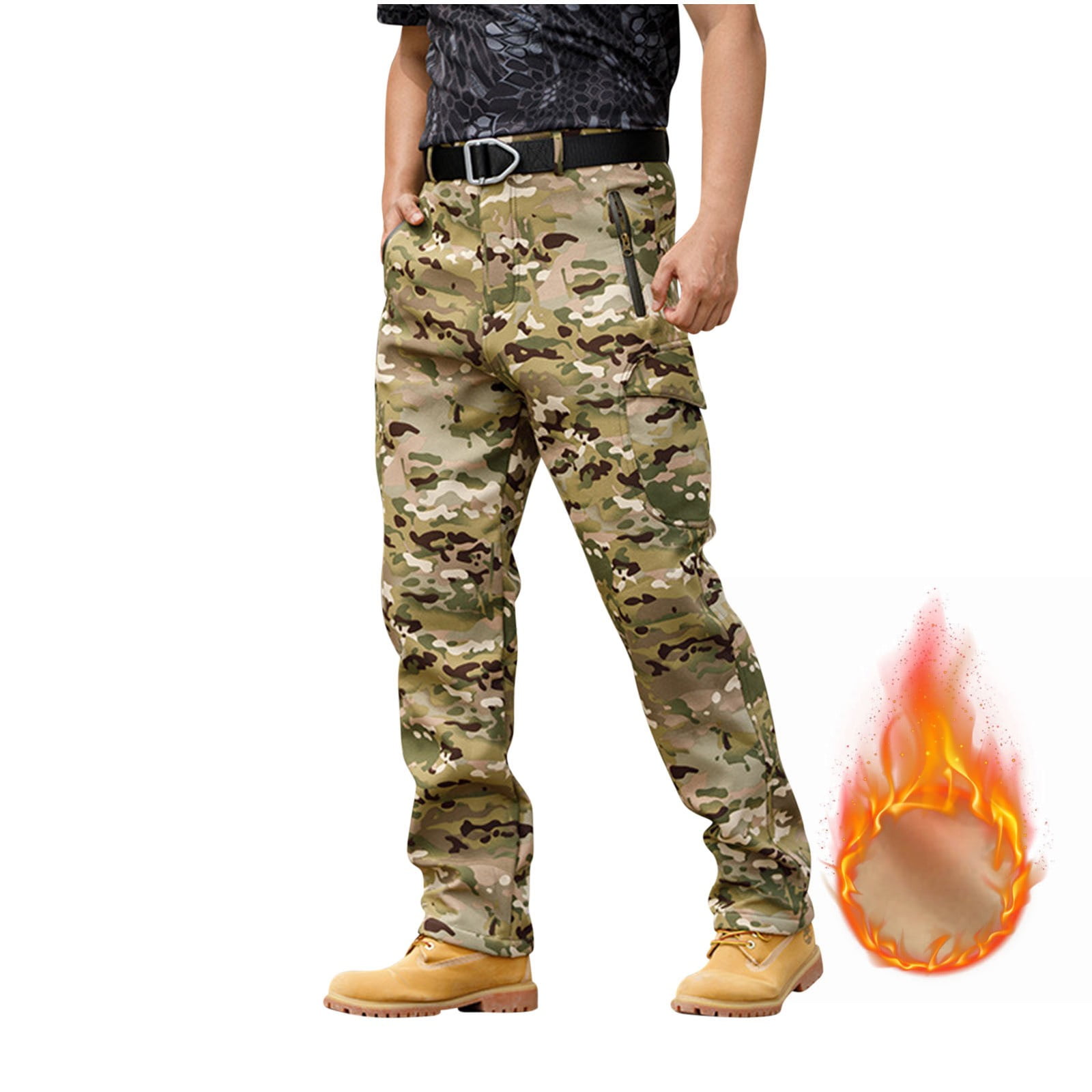 Men's Hiking Cargo Pants Fleece Lined Softshell Hiking Pant with Pockets Water Resistant Outdoor Winter Snow Ski Camo Pants