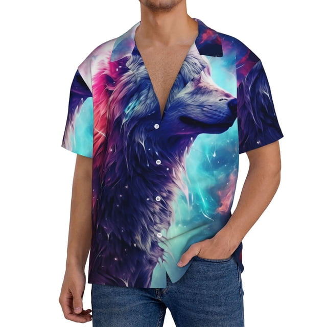 Fotbe Starry Multicolored Wolf Camisa Estampada de Manga Corta para Hombre, Casual de Verano, Estilo Playero, Sin Arrugas-Small