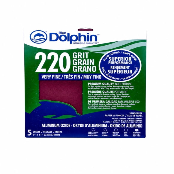 Papier à poncer oxyde d'aluminium de Blue Dolphin 220 grain 9po x 11po feiilles (5 pièces)