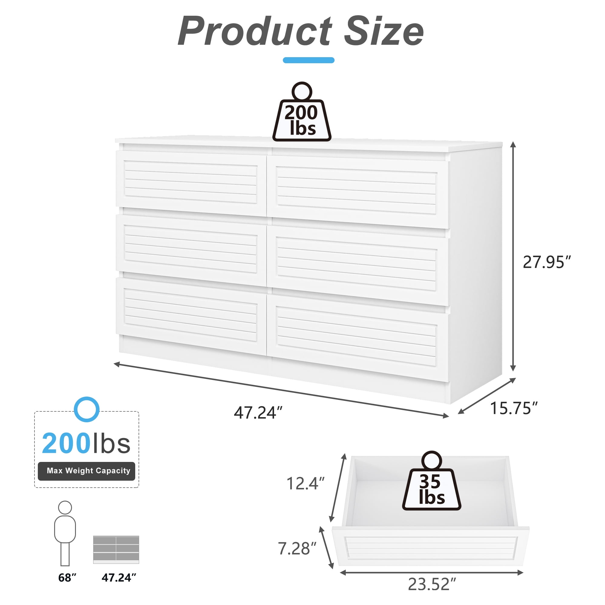 Demi Bonn 6-Drawer Double Dresser for Bedroom, 47" Chest of Drawers with Hidden Handle Wood Stripe Pattern Drawer Fronts, Modern Bedroom Furniture, White