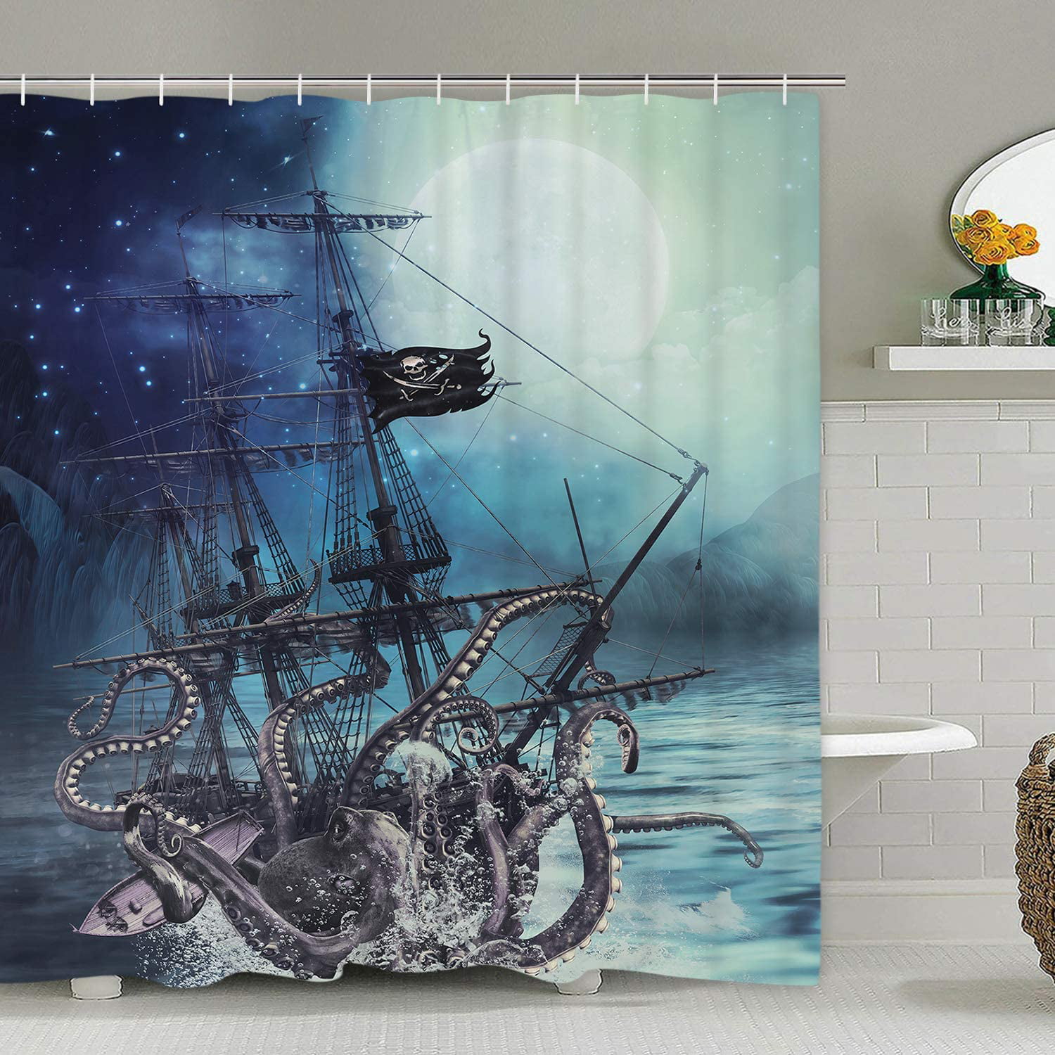 Pirates Mermaid Polyester Waterproof Bathroom Fabric Shower Curtain 12 Hook 