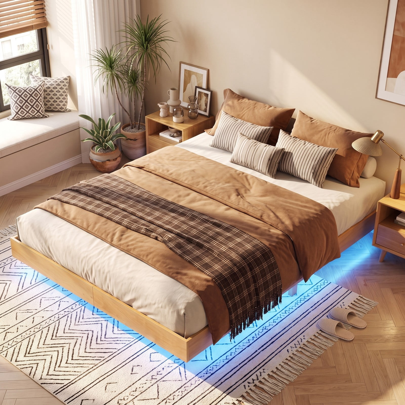 Furnibear Queen Bed Frame Floating Wood Platform Bed with RGB LED Lights and Remote Control, No Box Spring Needed, Natural