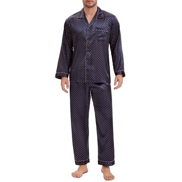 INSPIRAR CHIC Conjunto de Pijamas de 2 Piezas para Hombre con Botones y Estampado, Patrón Casual, Color Azul Marino