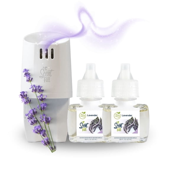 Scent Fill 100% Natural Lavender Plug in Air Freshener Starter Kit, Scented Oil Refills, 2 Refills + Diffuser