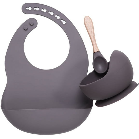 BPA Free Baby Silicone Tableware Waterproof Bib Flexible Saliva Towel Solid Color Sucker Bowl And Spoon for Children (021-deep grey)