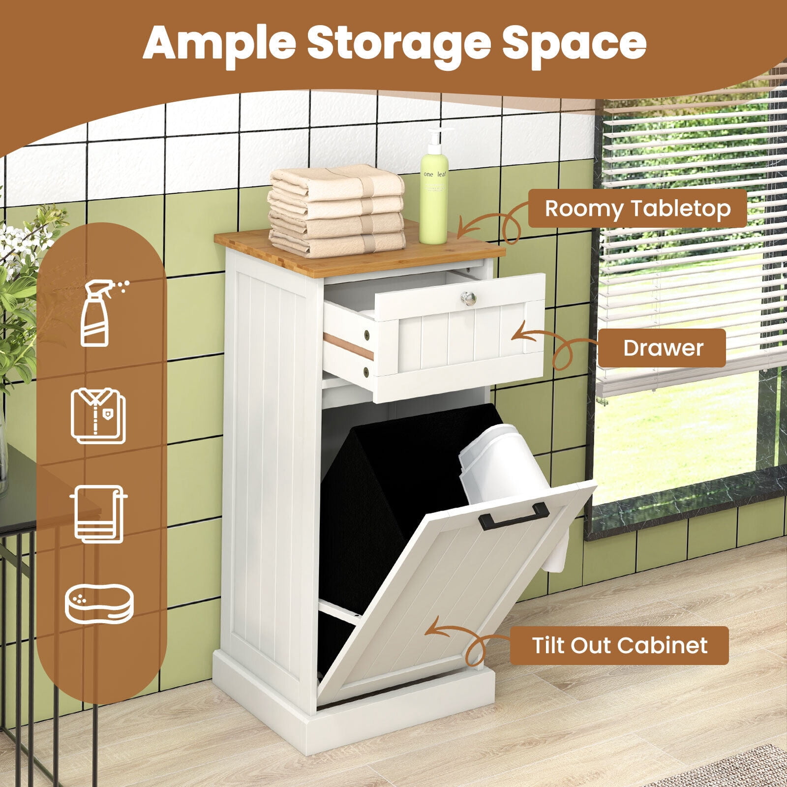 Amijoy Laundry Cabinet Freestanding Tilt Out Laundry Hamper w/ Basket Drawer Organizer, Freestanding Laundry Hamper Cabinet for Bathroom