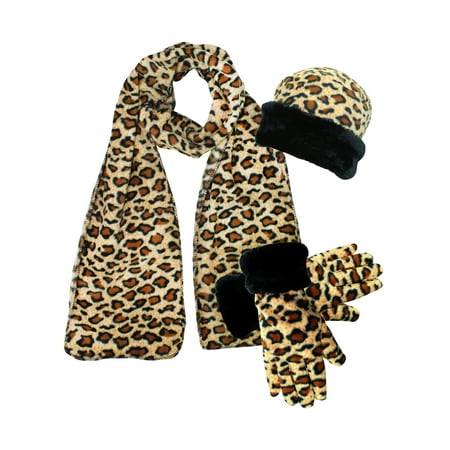 Leopard Print Fleece 3-Piece Hat Scarf & Gloves Matching Winter Set