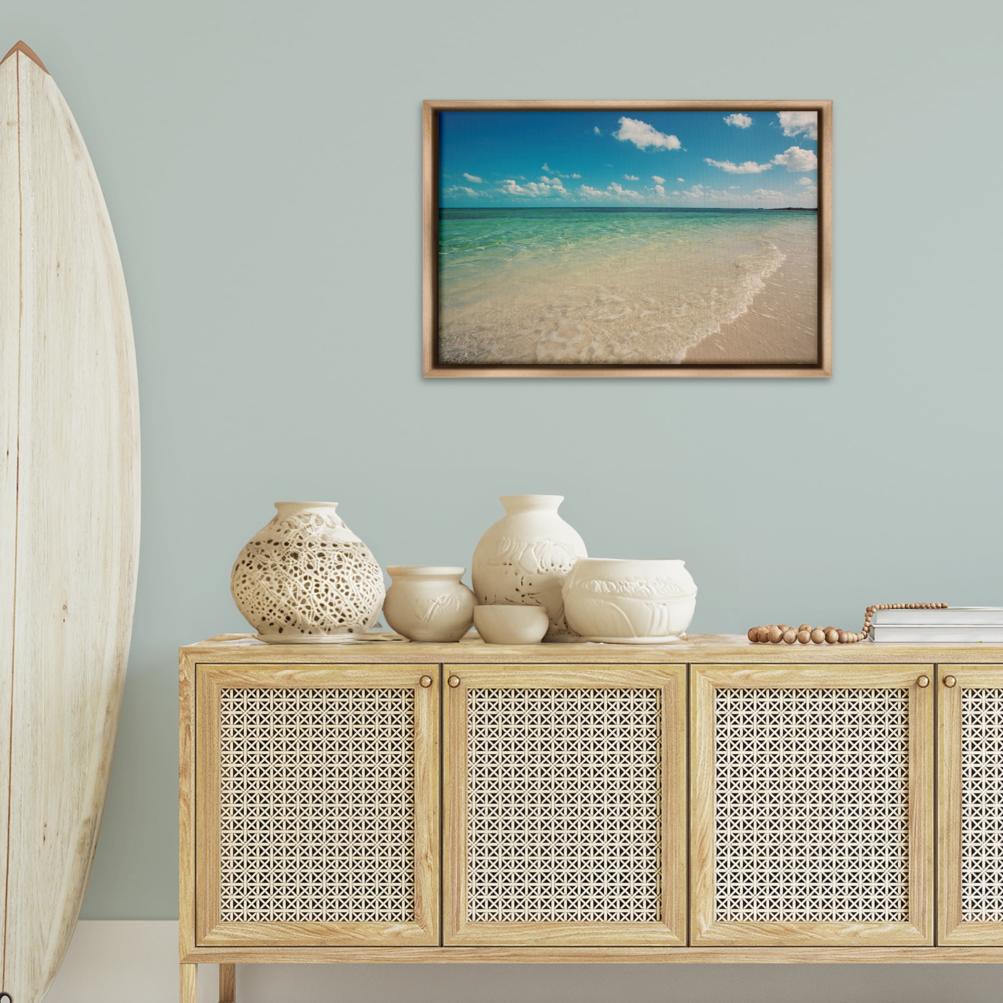 Stupell Industries Tranquil Coast Shore Coastal Photography Brown Floater Framed Canvas Art Print Wall Art, 31 x 21