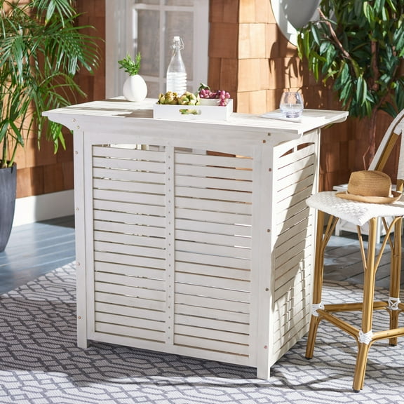 Safavieh Monterey Collection 27.2" Slatted Wood Patio Bar Table with Storage, Grey Wash