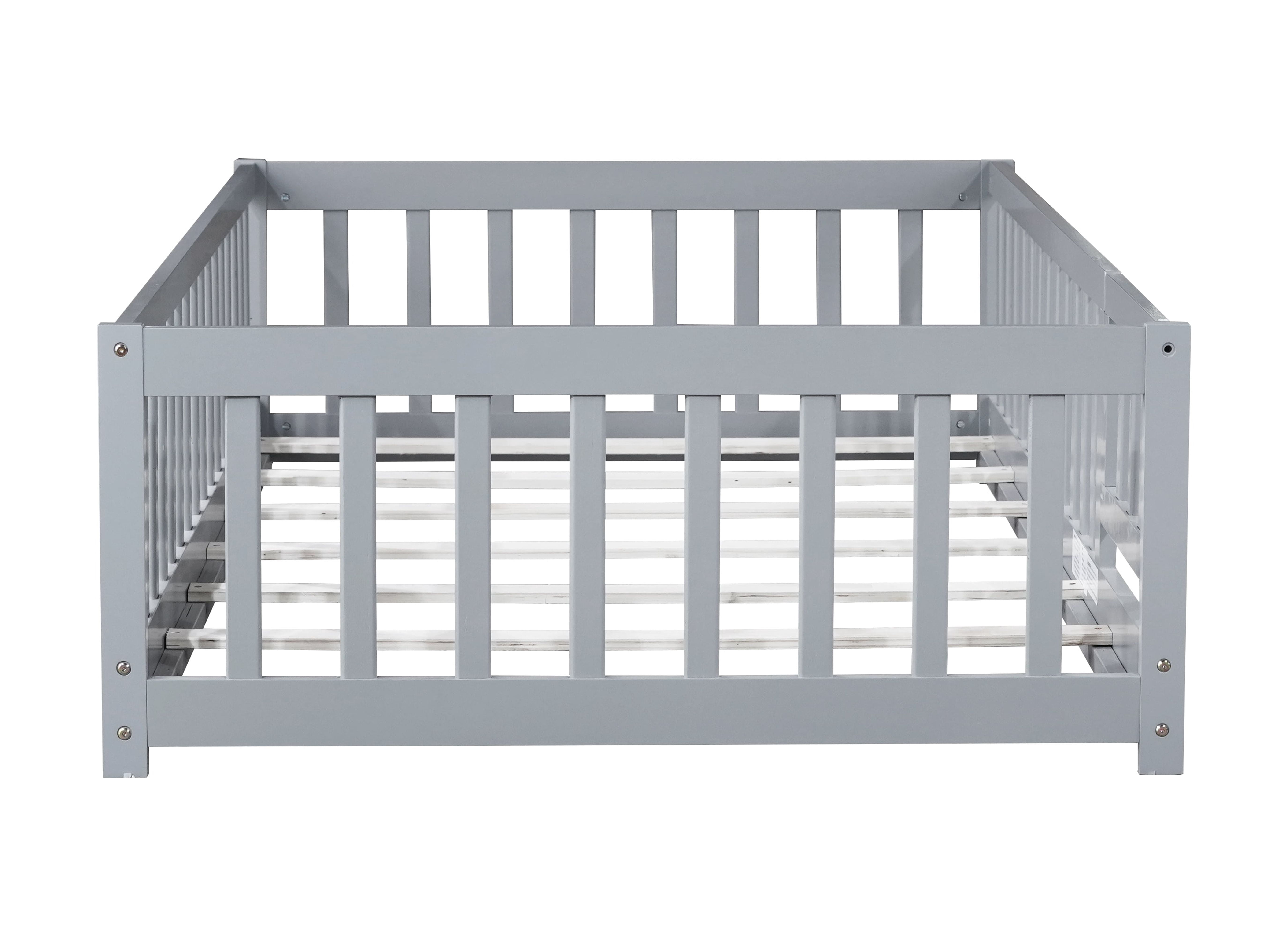 Mintazer Twin Floor Bed with Fence and Door, Montessori Bed with 17.5" Safety Guardrails for Kids Girls Boys, Gray Blue
