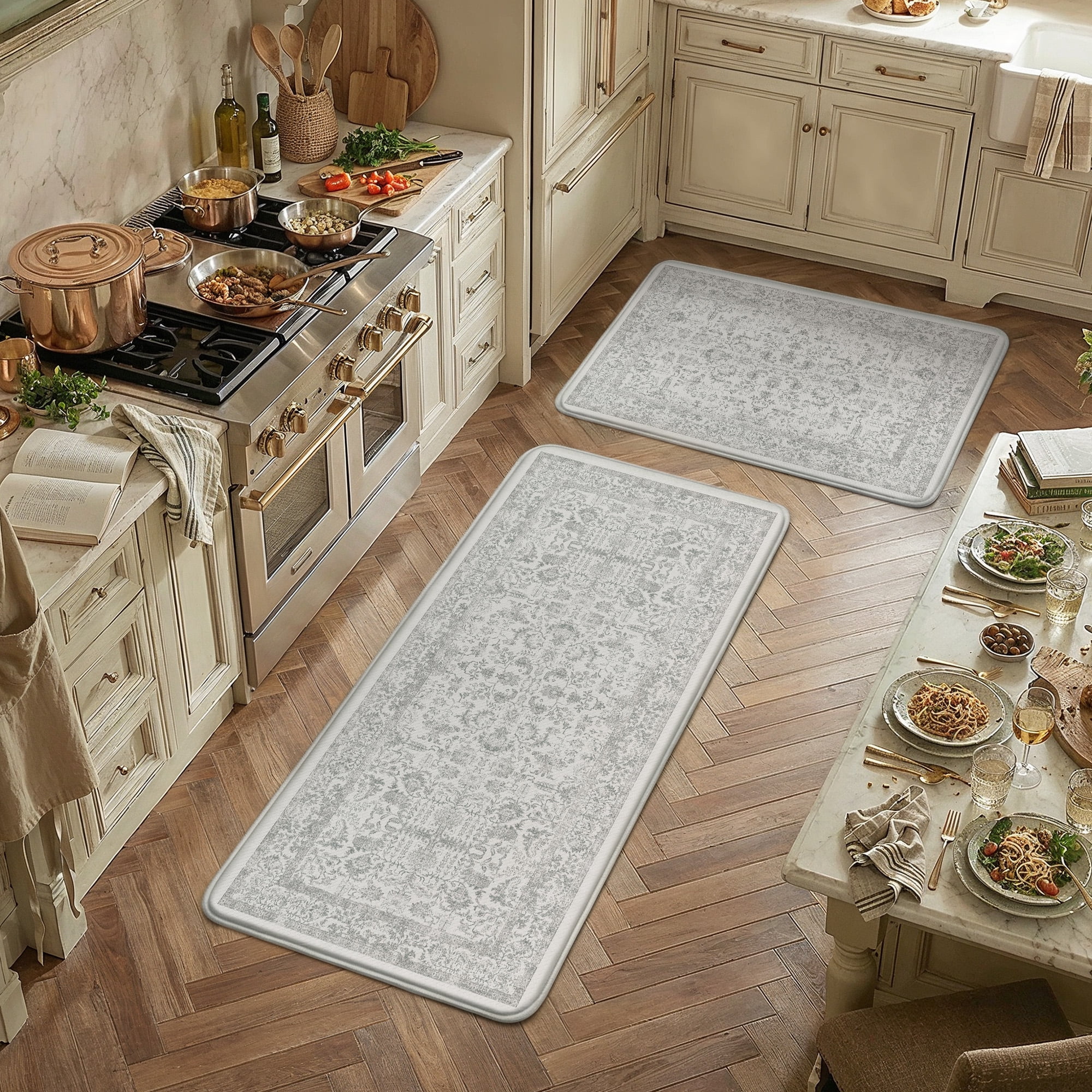 BERTHMEER Kitchen Rugs for Floor 2 Piece, 17.3"x30"+17.3"x47" Anti Fatigue Waterproof Gray Kitchen Mats, Non Slip Comfort Standing Mat Rug for Home, Sink, Laundry, Gray
