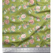 Soimoi Japan Crepe Satin Fabric Dot,Leaves & Peony Floral Printed Fabric 1 Yard 42 Inch Wide